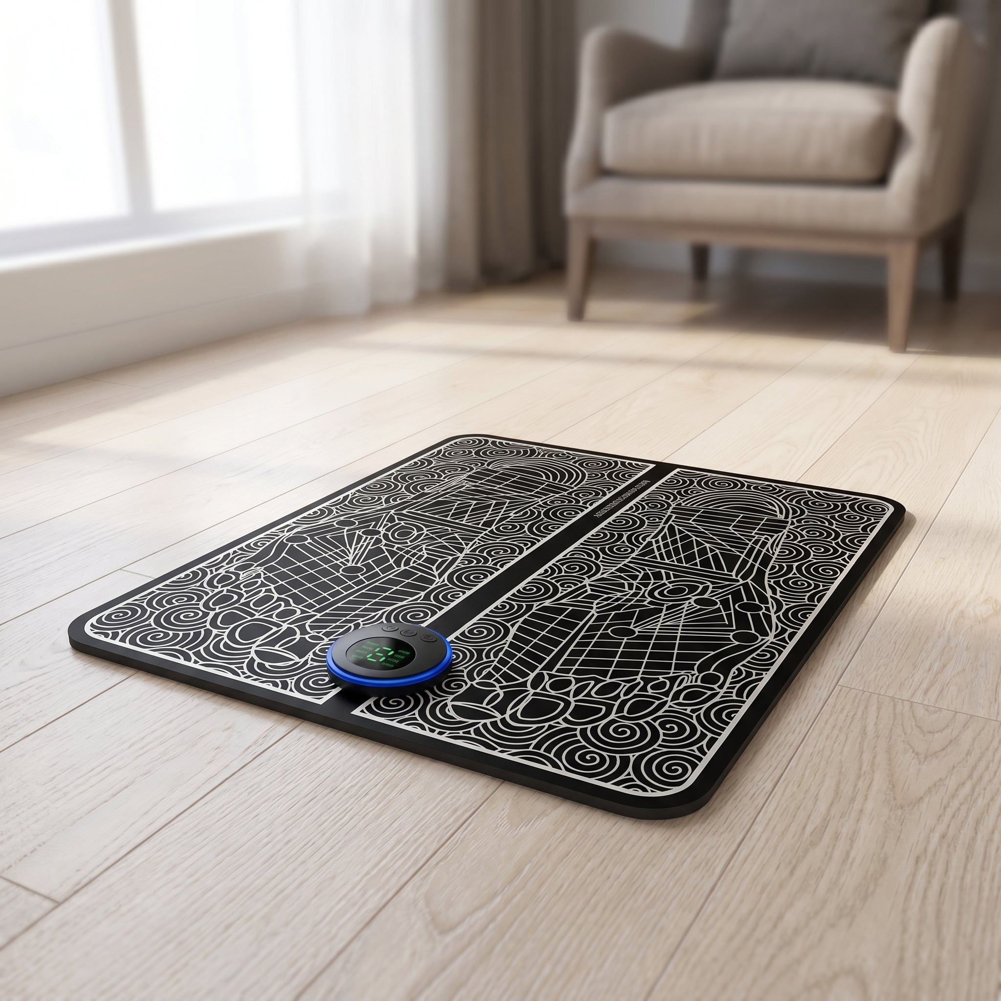 FlexZen foot mat lying flat on a wood floor in a calm living room