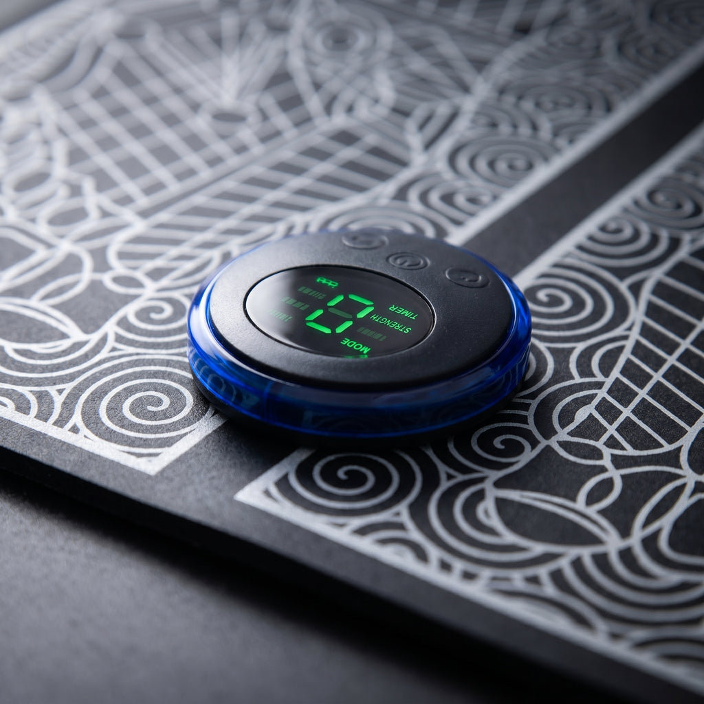 Close-up of the FlexZen blue control button with green digital display