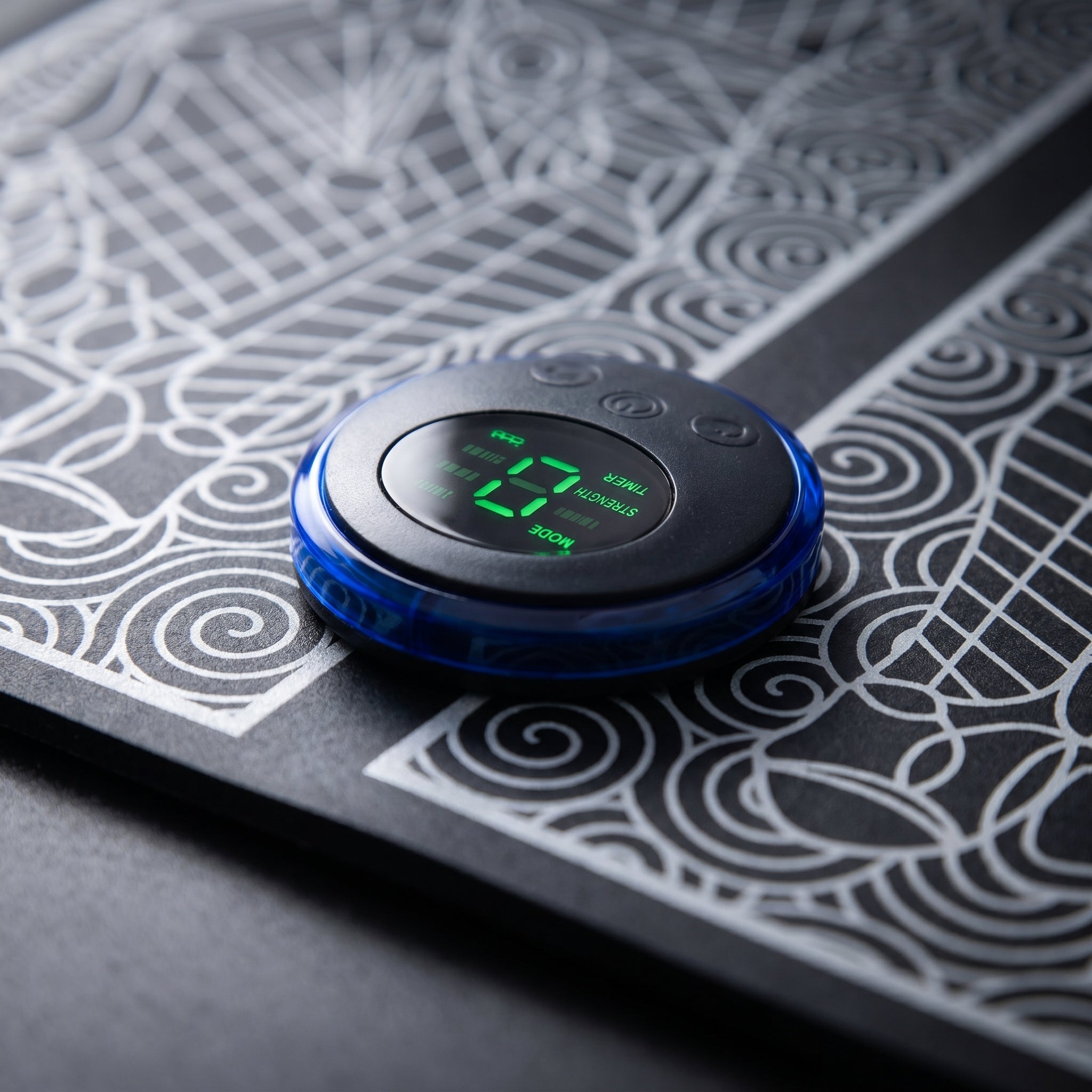 Close-up of the FlexZen blue control button with green digital display