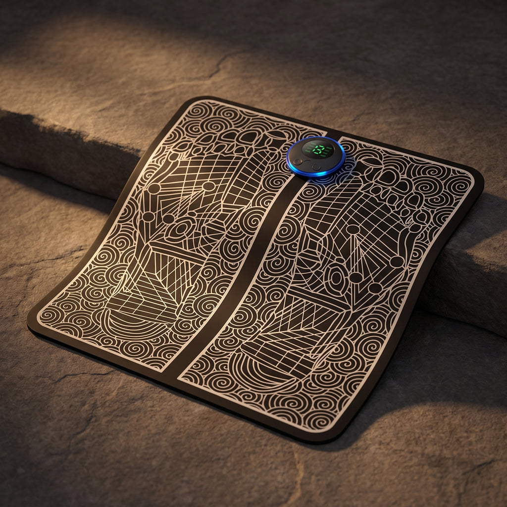 FlexZen foot mat on dark stone with the control glowing softly