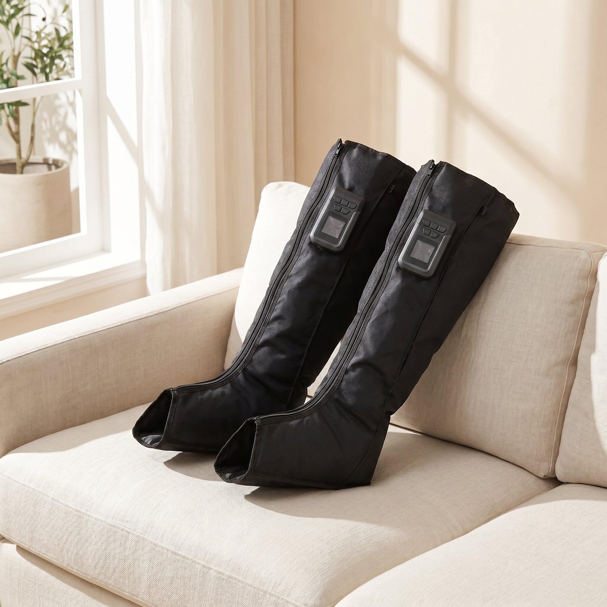 Pair of black recovery boots with control unit in a calm living space