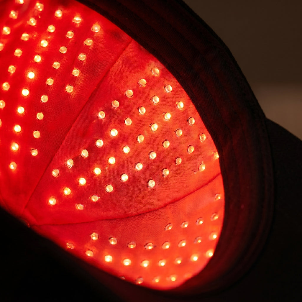 Close-up macro of FollicZen LED interior dome with glowing red diodes