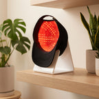 FollicZen LED cap displayed on white stand on a light wood shelf with plants