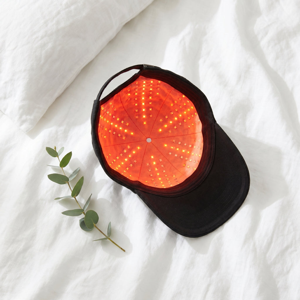 FollicZen LED cap flat lay on white linen fabric with eucalyptus sprig