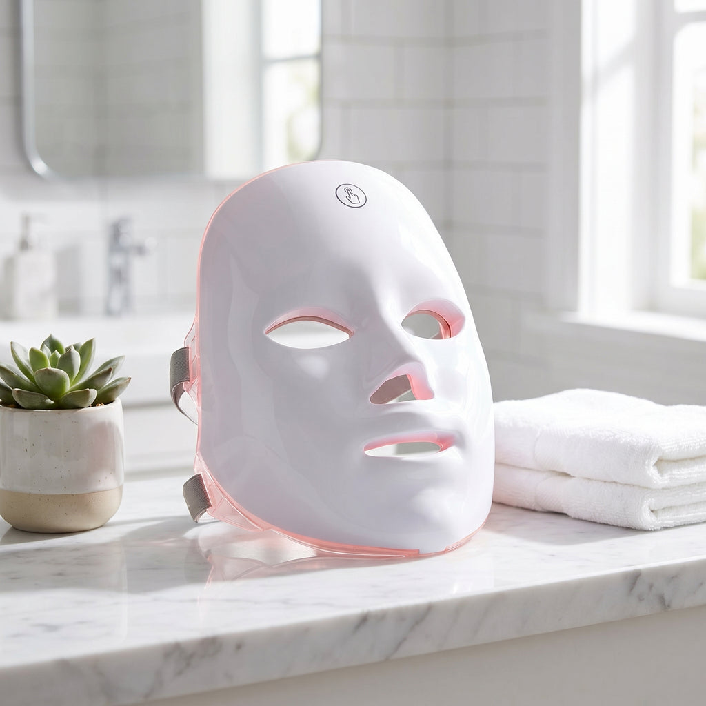 GlowZen facial mask on a marble bathroom shelf beside folded towels
