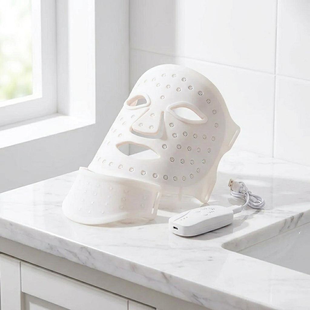 White LED neck and décolleté mask on a marble vanity surface with soft light