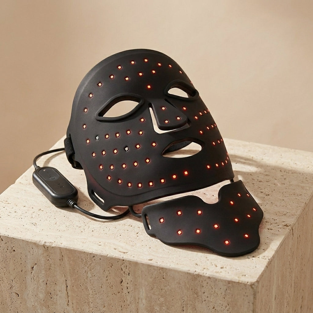 Zenyzen GlowZen Neck LED mask in matte black on a travertine stone pedestal
