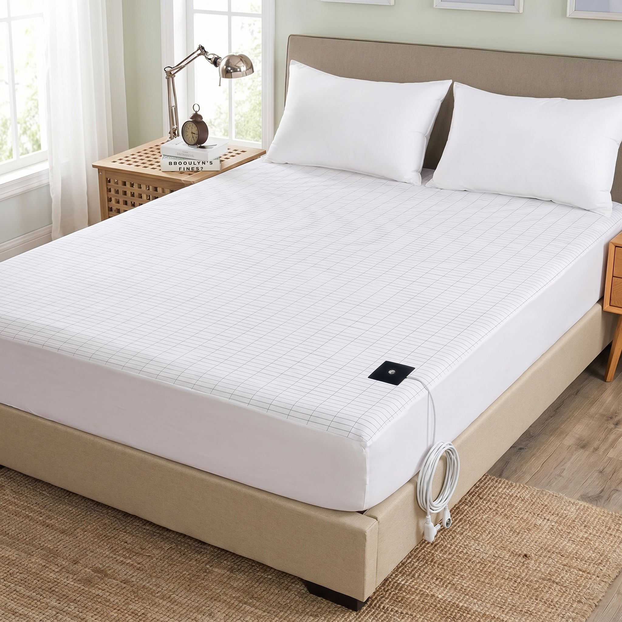 GroundZen white grounding fitted sheet on a freshly made bed