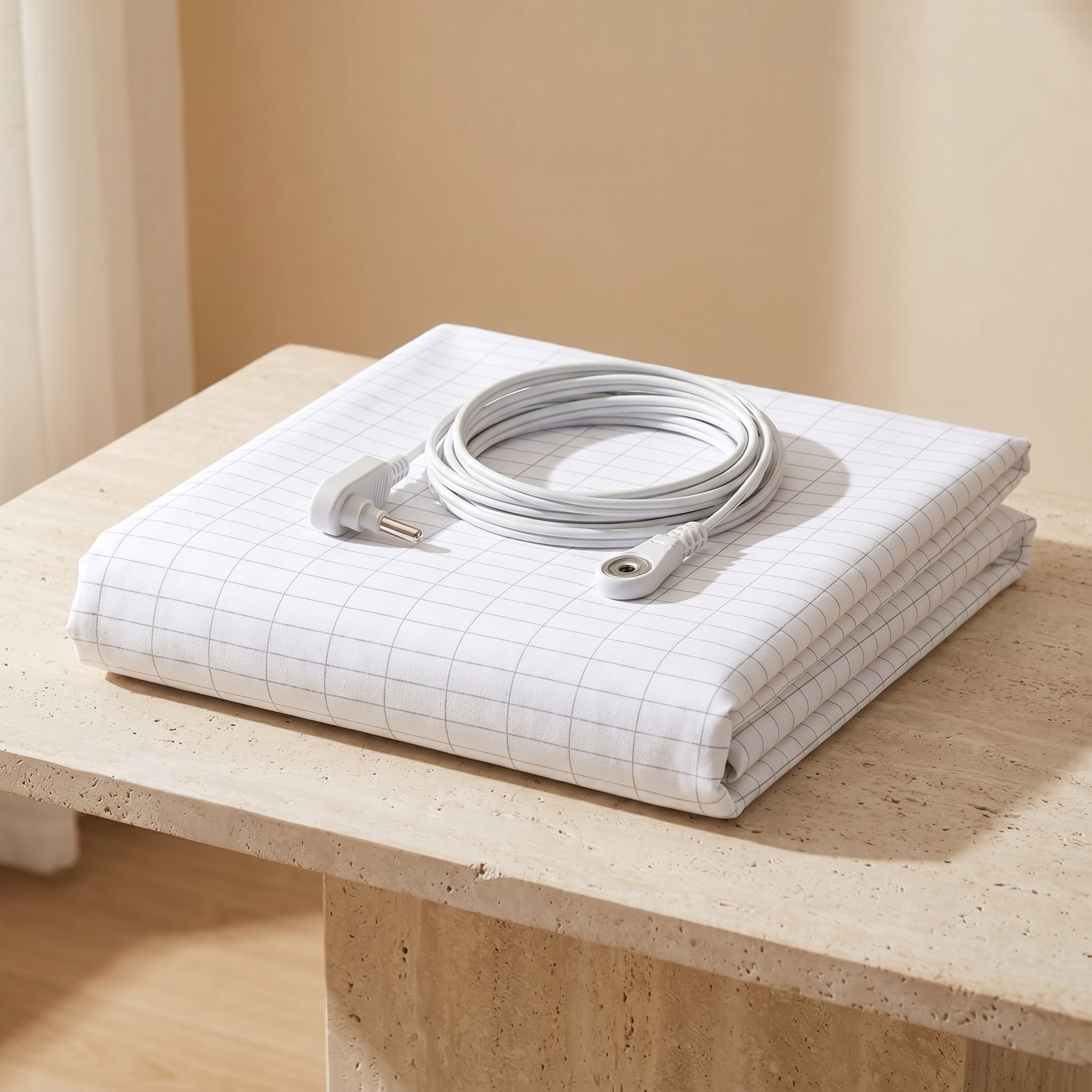 GroundZen sheet folded in a neat stack with its coiled connection cord