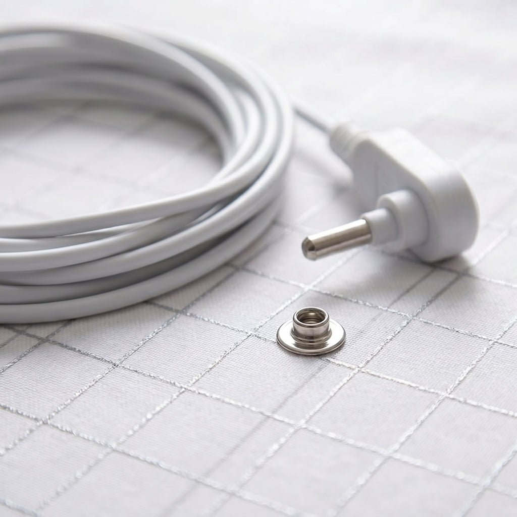 Close-up of the GroundZen connection cord plug and snap stud
