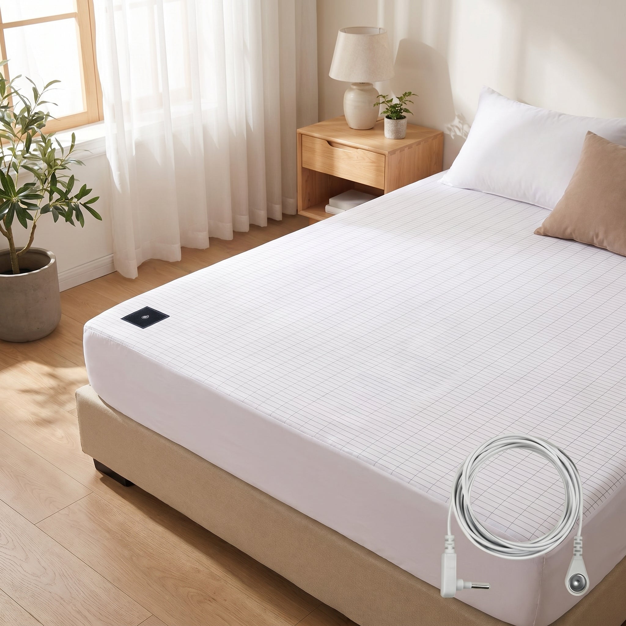 GroundZen white fitted sheet on a bed in a calm bright bedroom