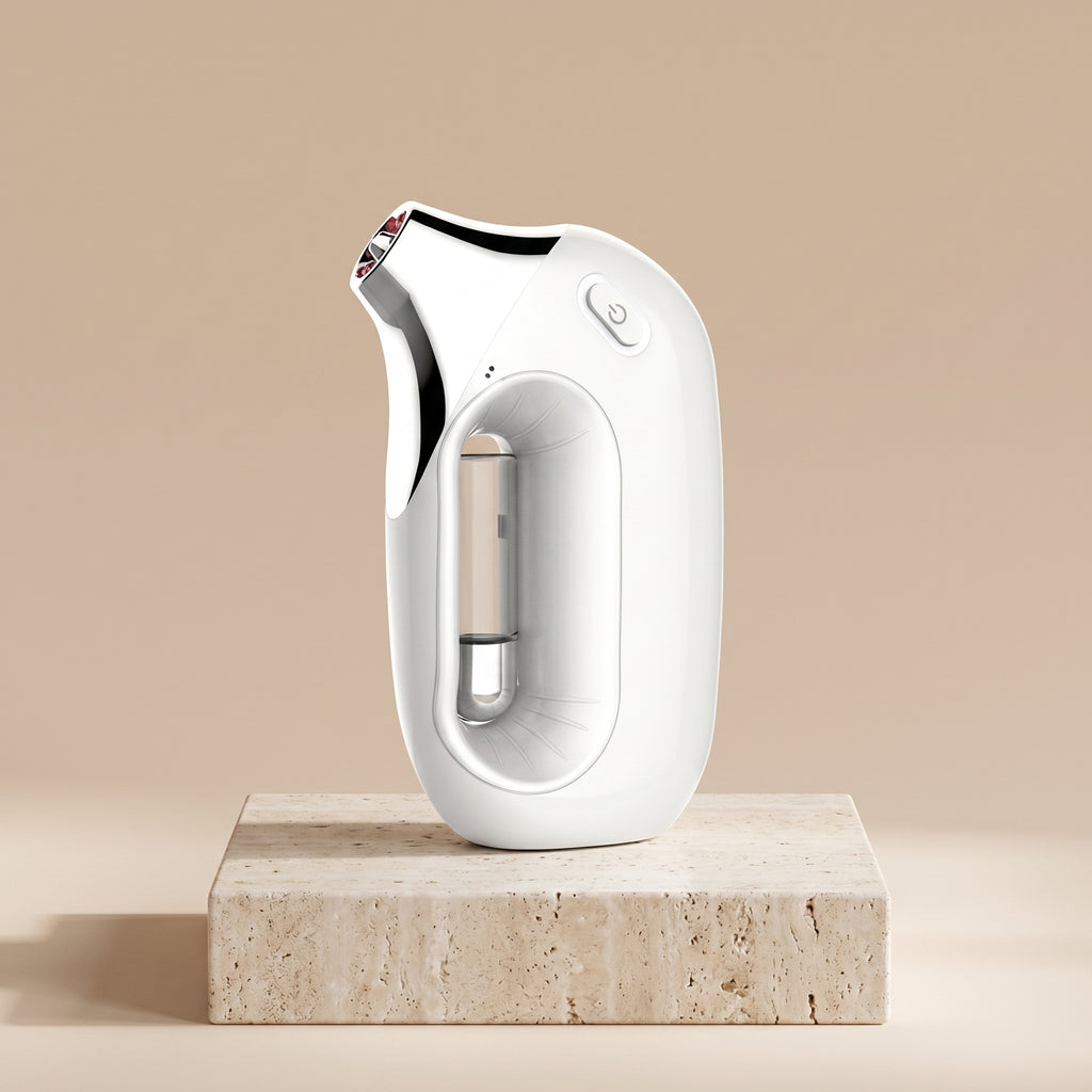 HydraZen oxygen infusion facial device in white on a travertine stone pedestal
