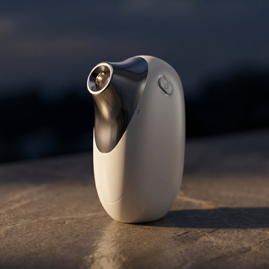 HydraZen handheld facial device on dark stone surface with dramatic side lighting