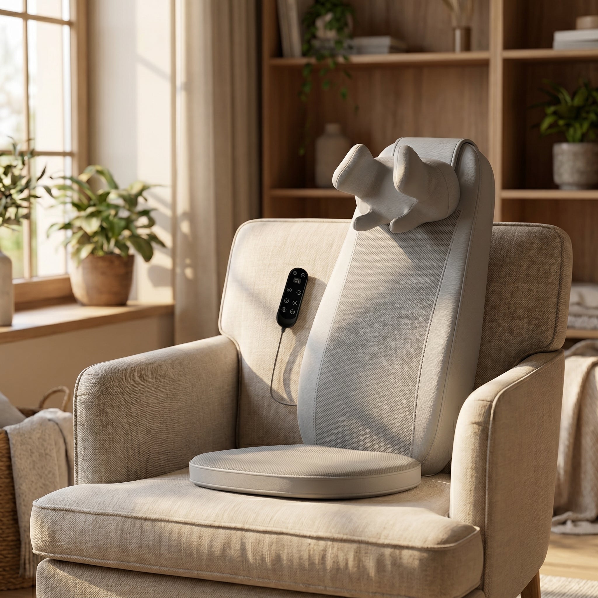 KneadZen massage cushion placed on a living room armchair no person