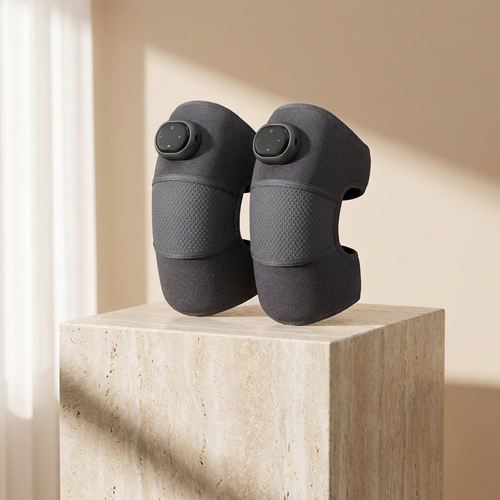 KneeZen heated knee massager pair on travertine stone pedestal warm beige backdrop