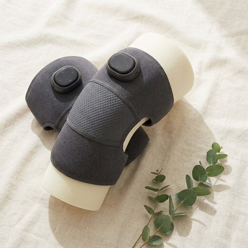 KneeZen knee massager pair draped on foam form over cream linen fabric
