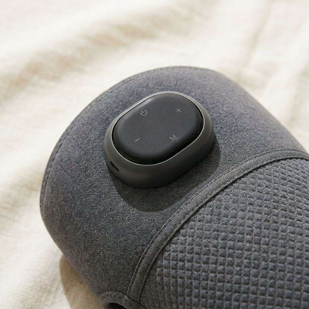 Close-up of KneeZen oval control pod with round buttons on diamond-texture neoprene