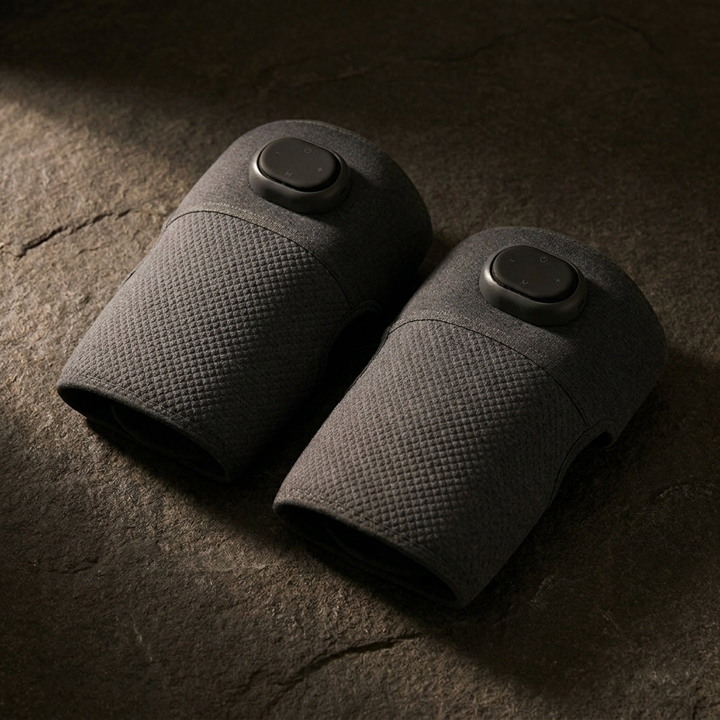 KneeZen knee massager pair on dark charcoal stone with dramatic side lighting