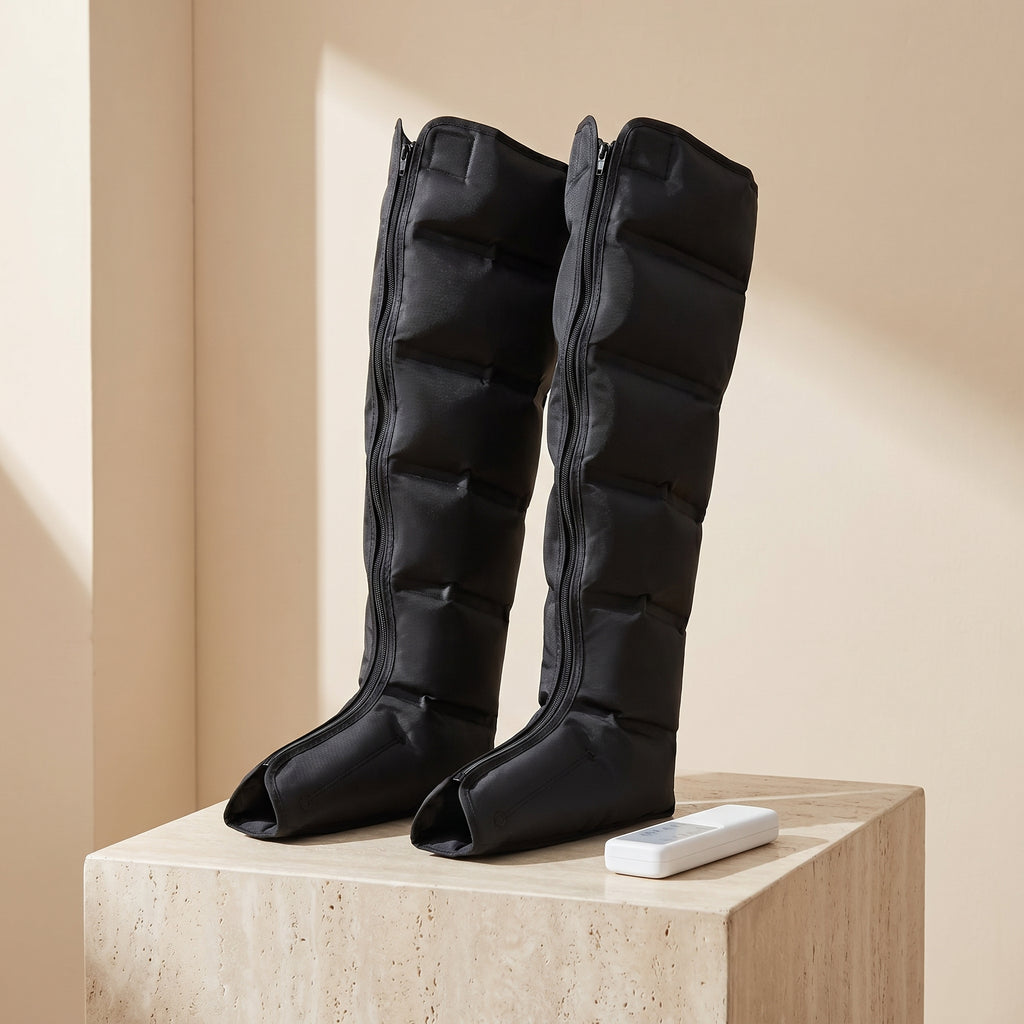 LegZen air compression leg massager boots and controller on travertine pedestal