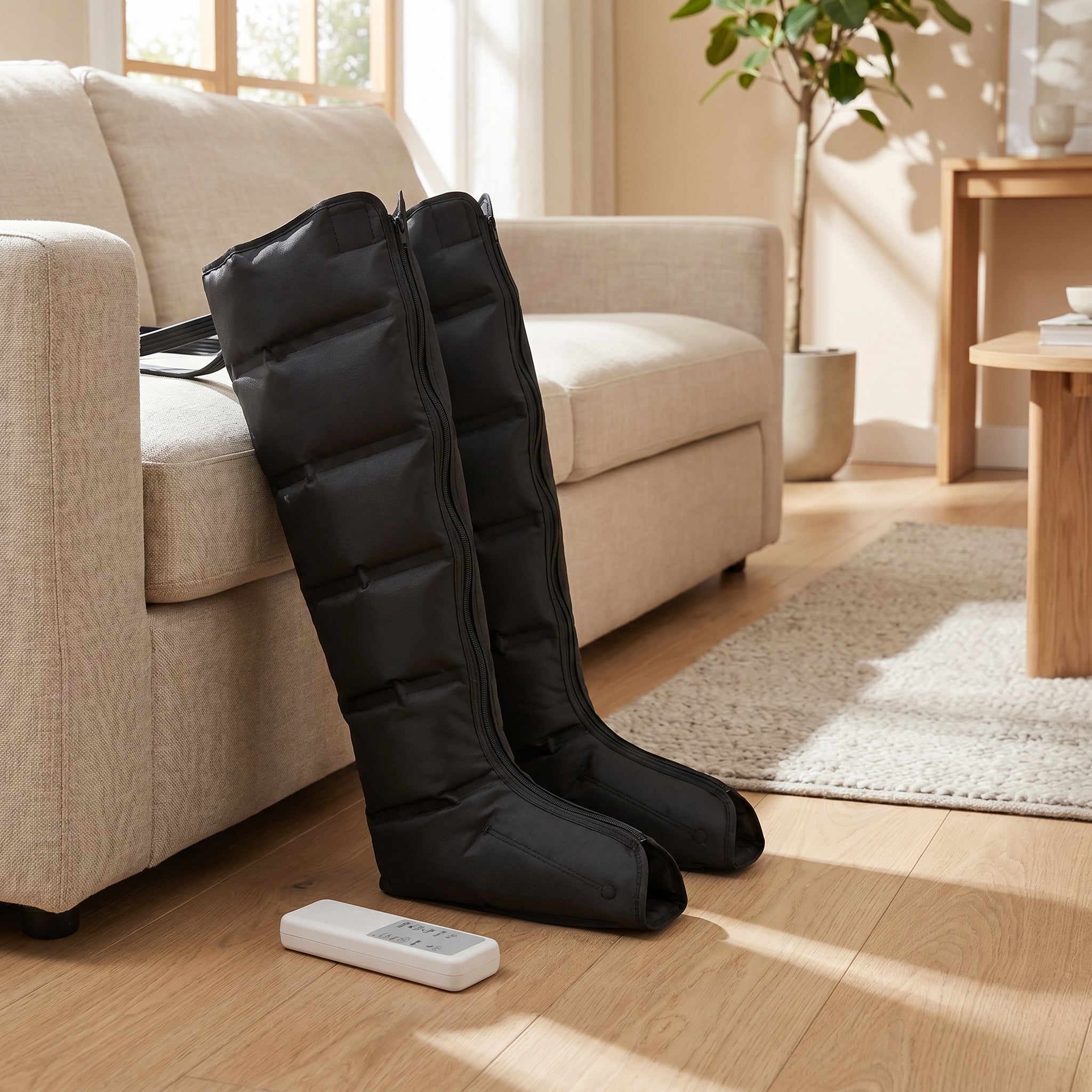LegZen leg massager boots resting beside a linen sofa in a bright living room