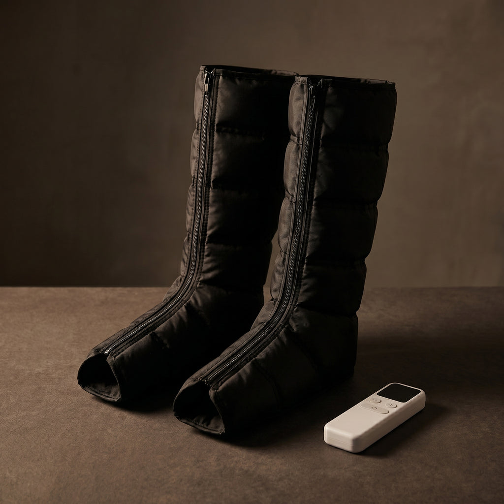 LegZen compression boots and controller on dark charcoal surface in evening light