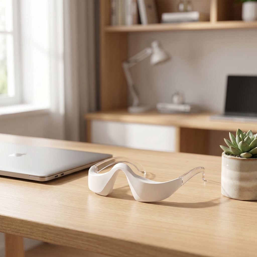 LumiZen eye massager on a wooden desk beside a laptop