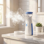 MistZen nano mist sprayer on a marble bathroom vanity with succulent plant