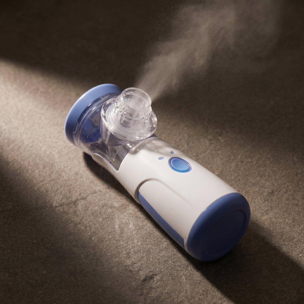 MistZen portable mist sprayer on dark stone surface with dramatic side lighting