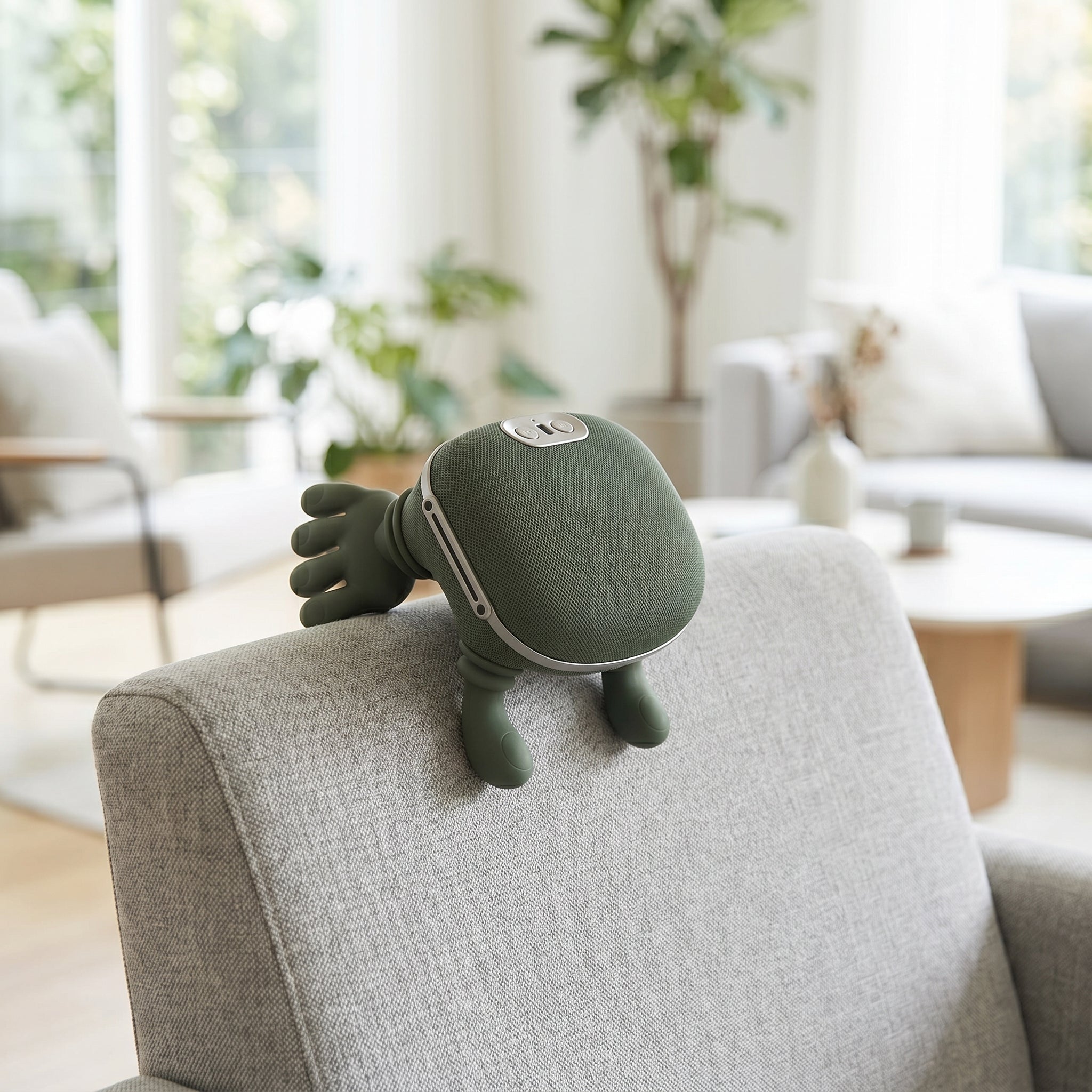 NeckZen neck massager resting on back of gray armchair in living room