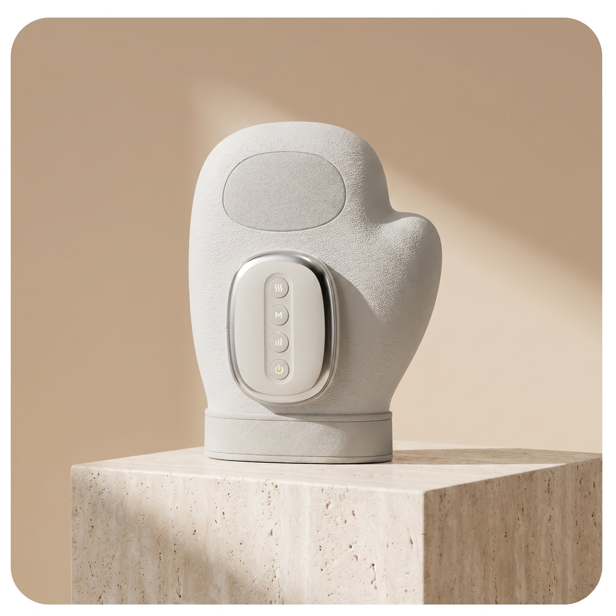 PalmZen hand massager glove upright on travertine pedestal beige studio