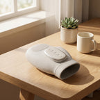 PalmZen hand massager on oak desk beside ceramic mug morning light