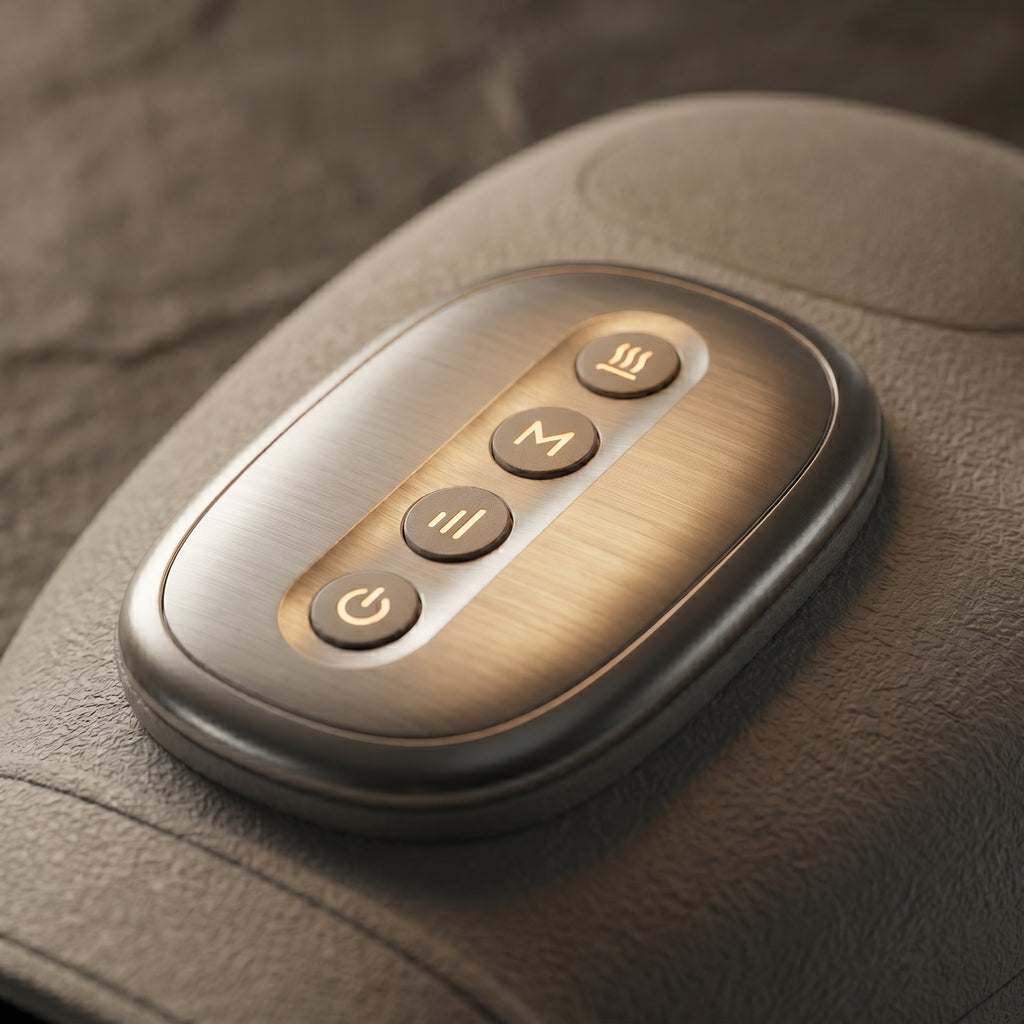 PalmZen hand massager glowing control panel on dark stone surface evening