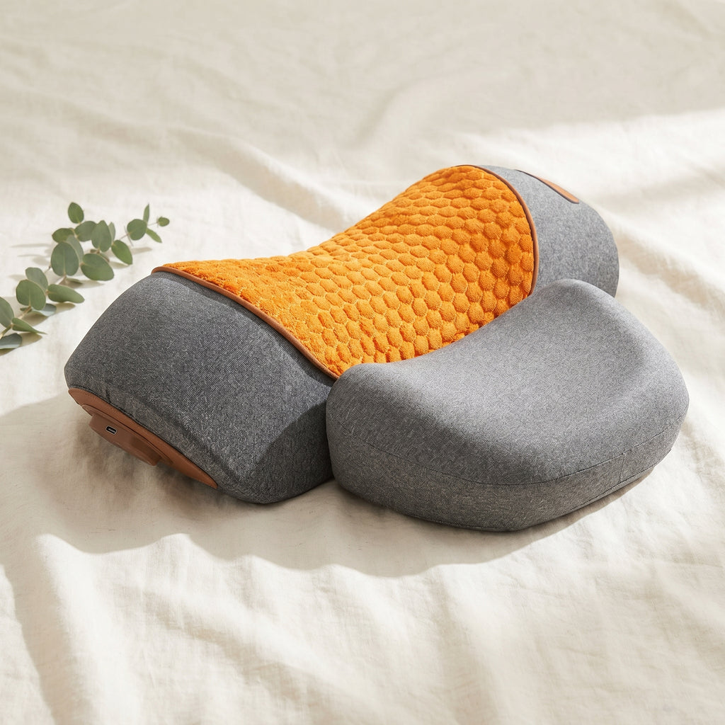 PillowZen neck pillow on soft cream linen beside a green eucalyptus sprig