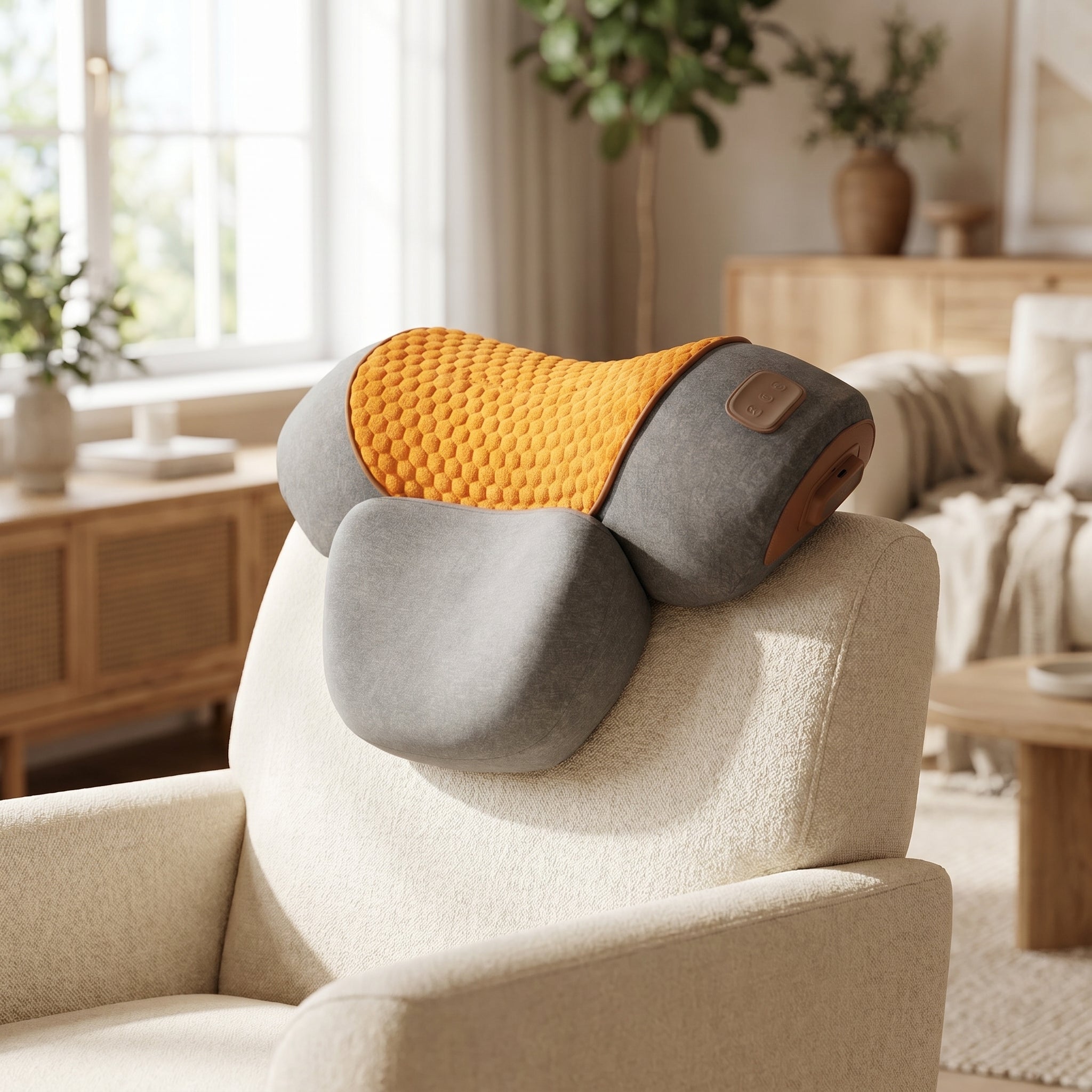PillowZen neck pillow resting on a cream armchair headrest in a living room