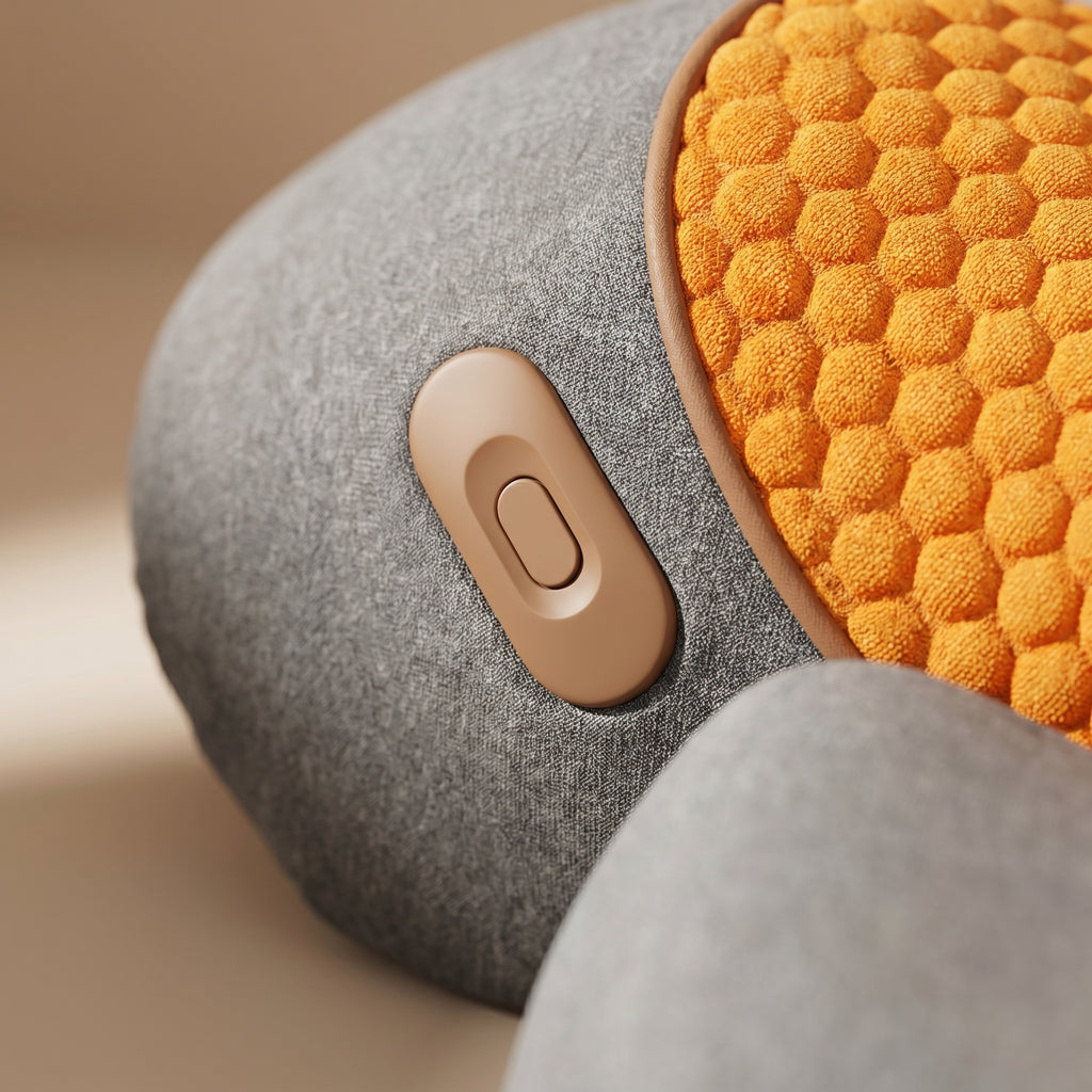 Close-up of PillowZen oval side control button and orange honeycomb fabric