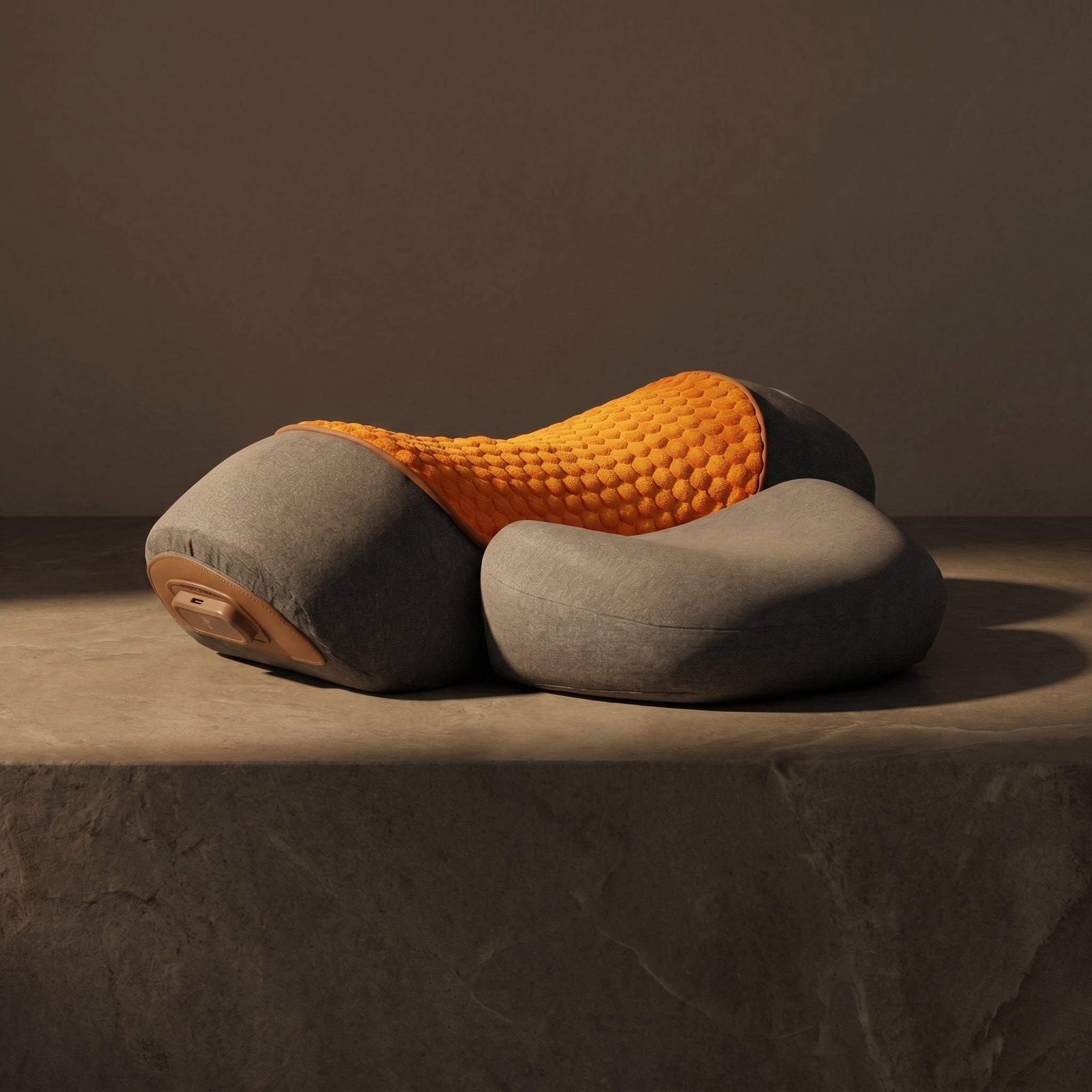 PillowZen neck pillow on dark stone with dramatic side lighting and shadow