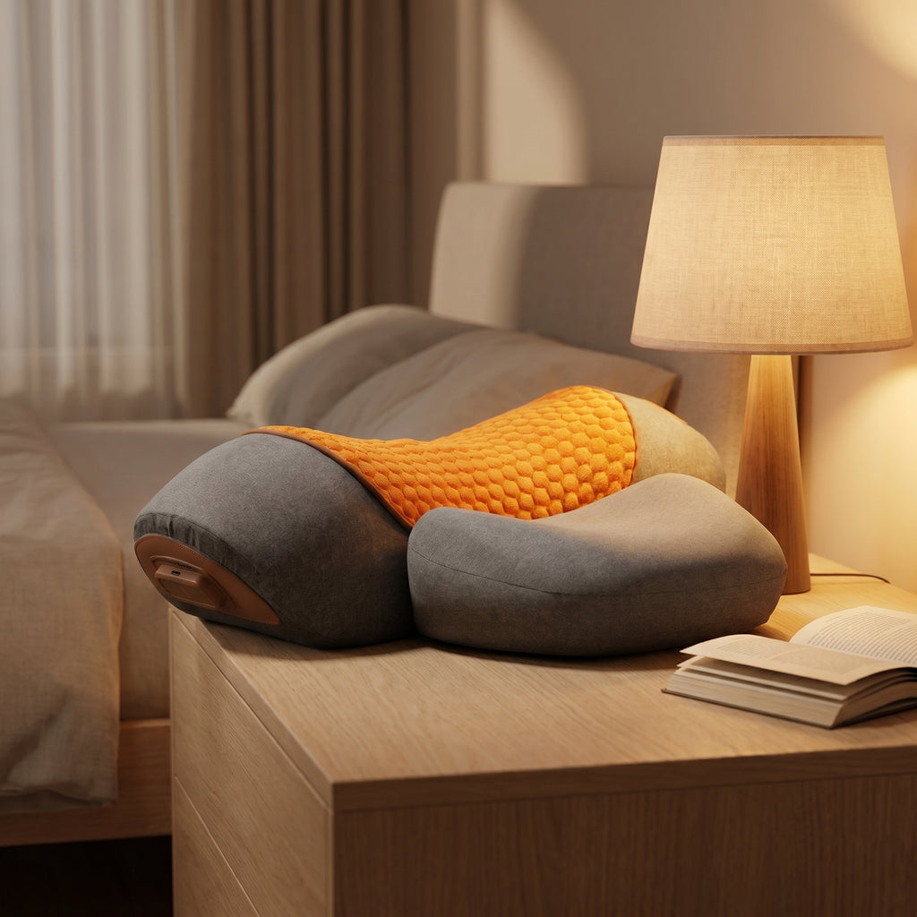 PillowZen neck pillow on a wood nightstand beside a warm bedside lamp