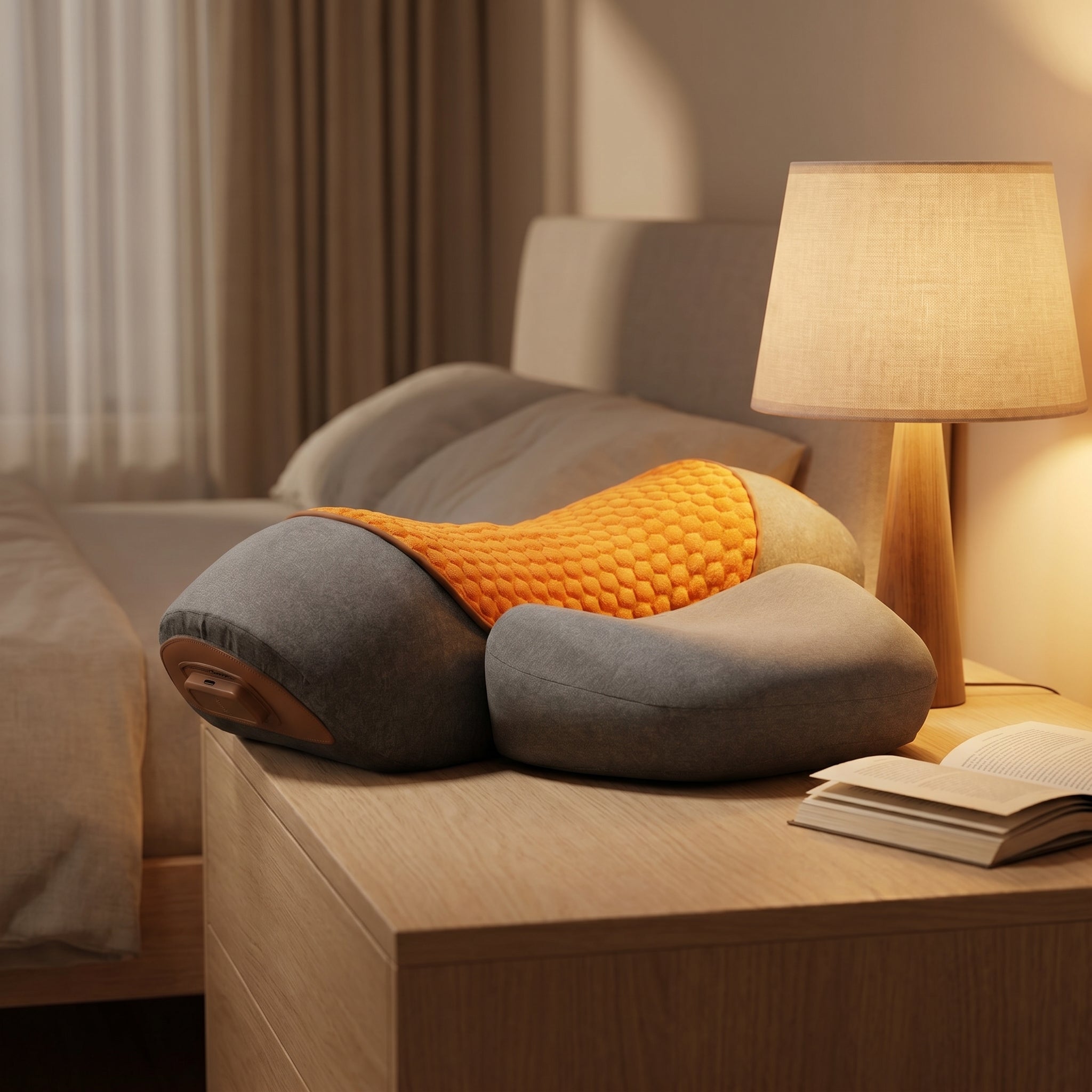 PillowZen neck pillow on a wood nightstand beside a warm bedside lamp