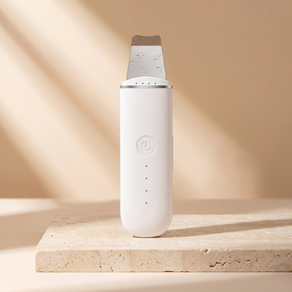 White PoreZen sonic scrubber standing upright in soft warm daylight