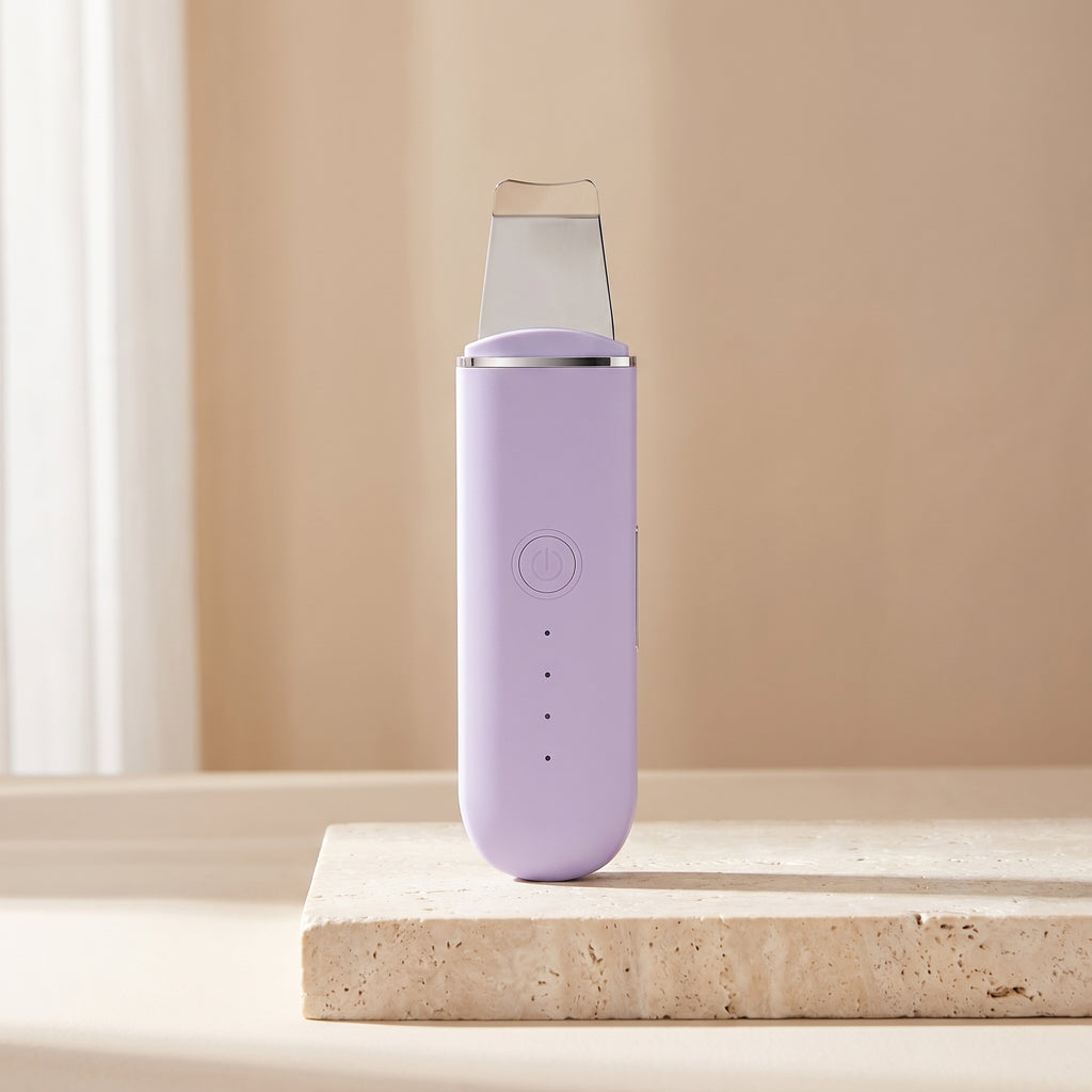 Lavender purple PoreZen sonic scrubber lit by gentle side daylight