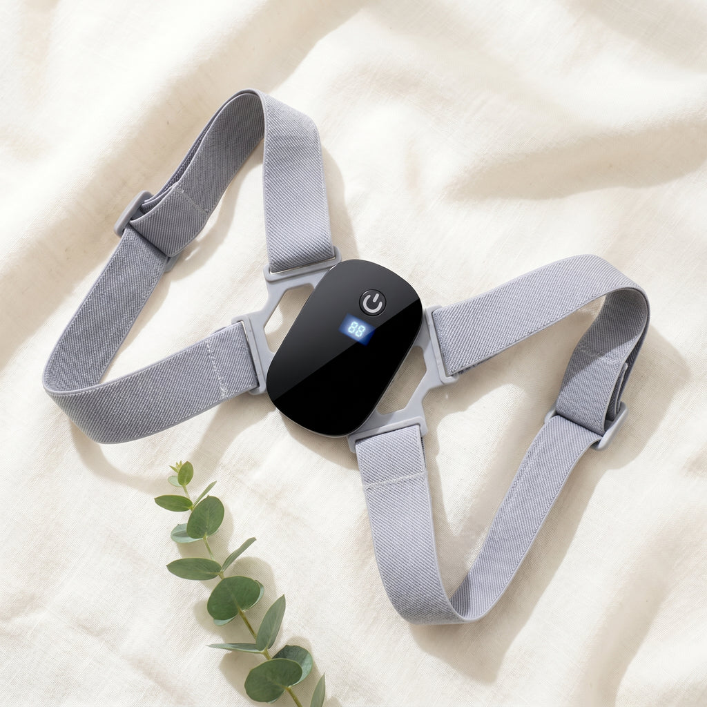 PostureZen trainer on cream linen beside a green eucalyptus sprig