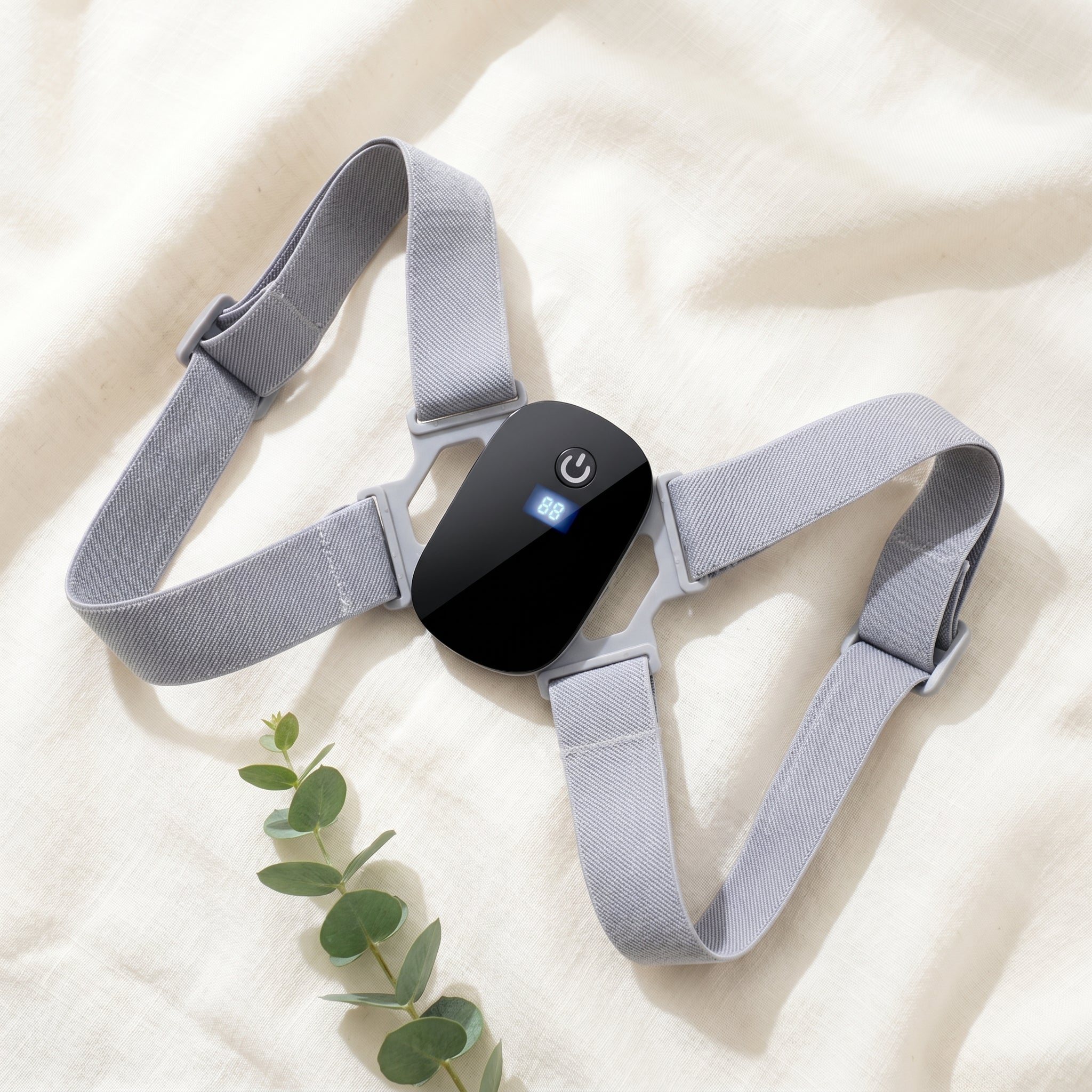 PostureZen trainer on cream linen beside a green eucalyptus sprig