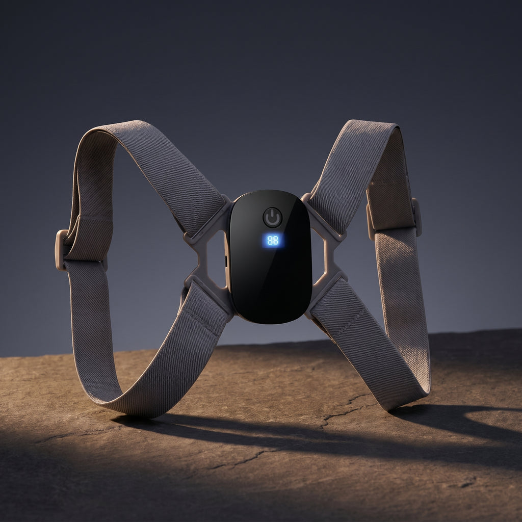 PostureZen trainer on dark stone with a softly glowing display
