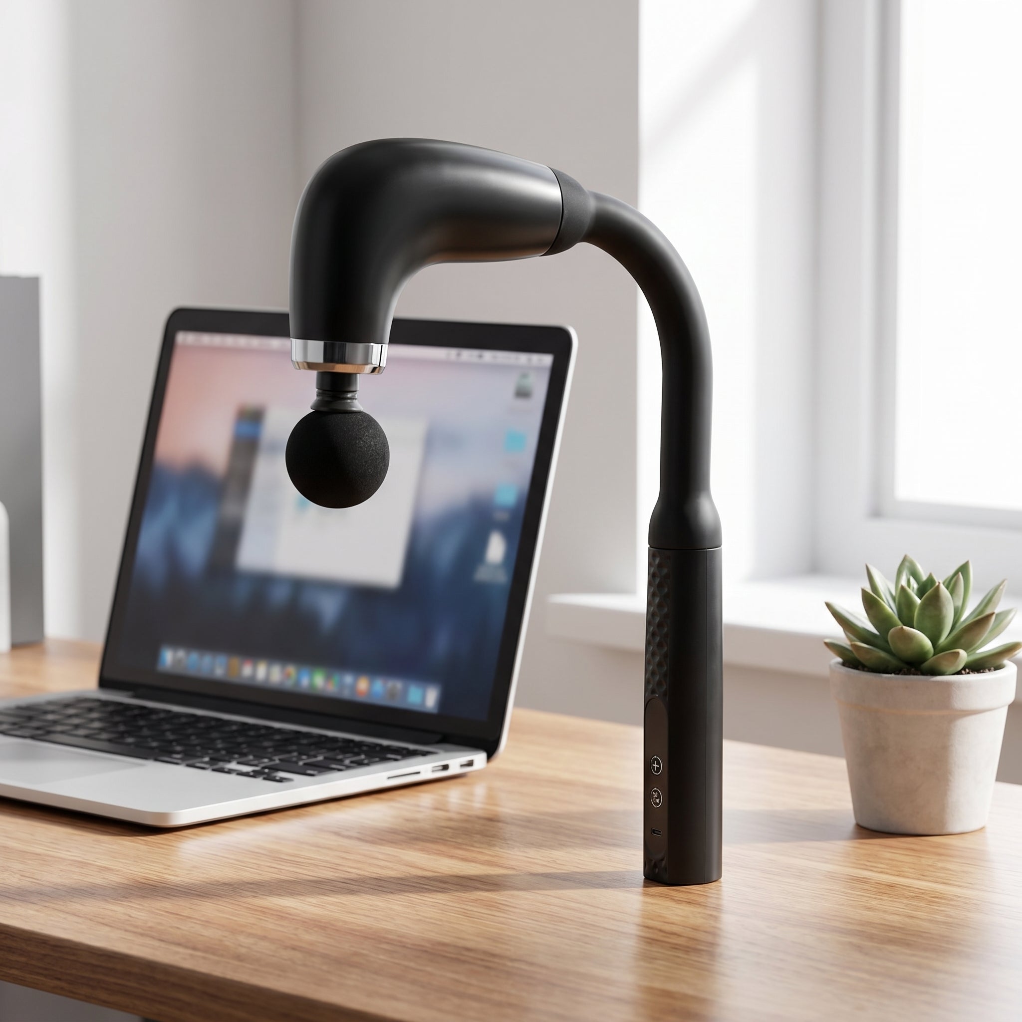 Black massage gun standing on a wooden home-office desk