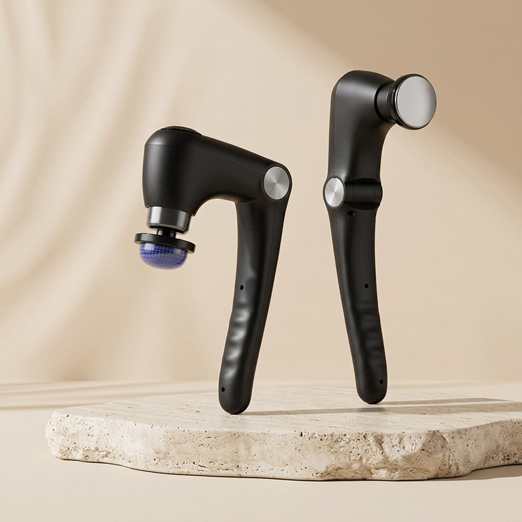 PulseZen Pro heated percussion massage gun on light travertine pedestal with warm beige backdrop