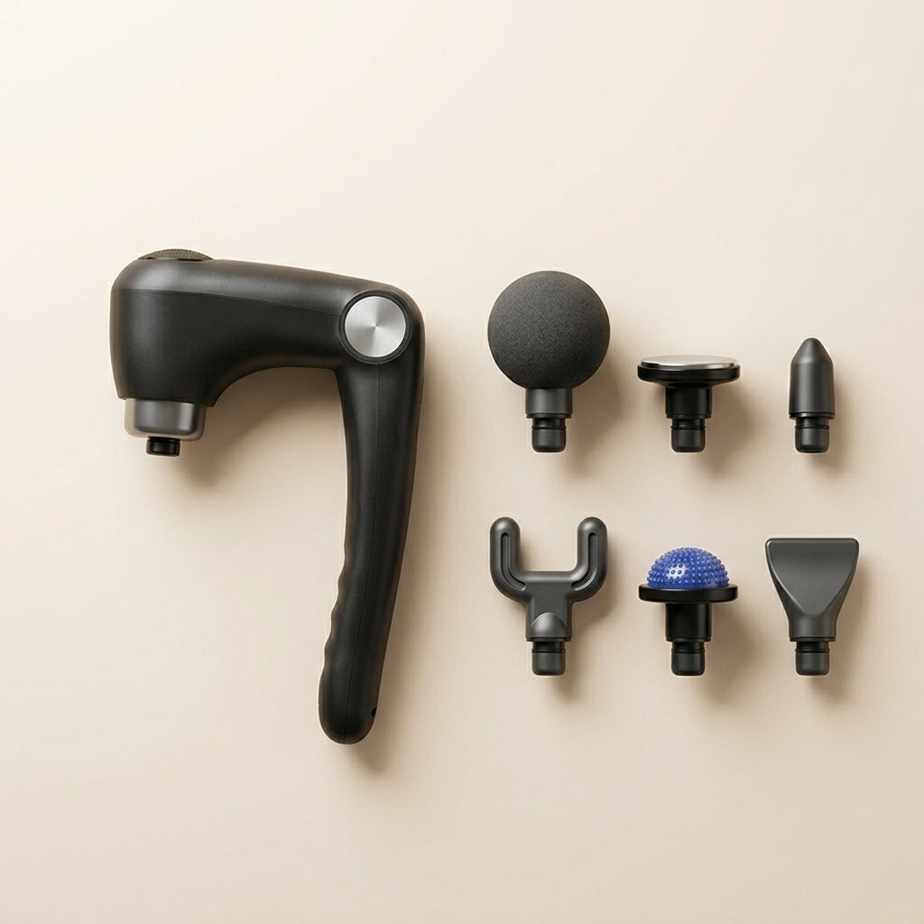 PulseZen Pro massage gun with six interchangeable attachment heads laid out on neutral surface