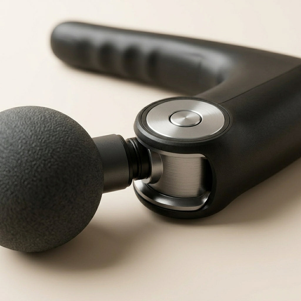 Close-up macro of PulseZen Pro adjustable head joint and massage head attachment