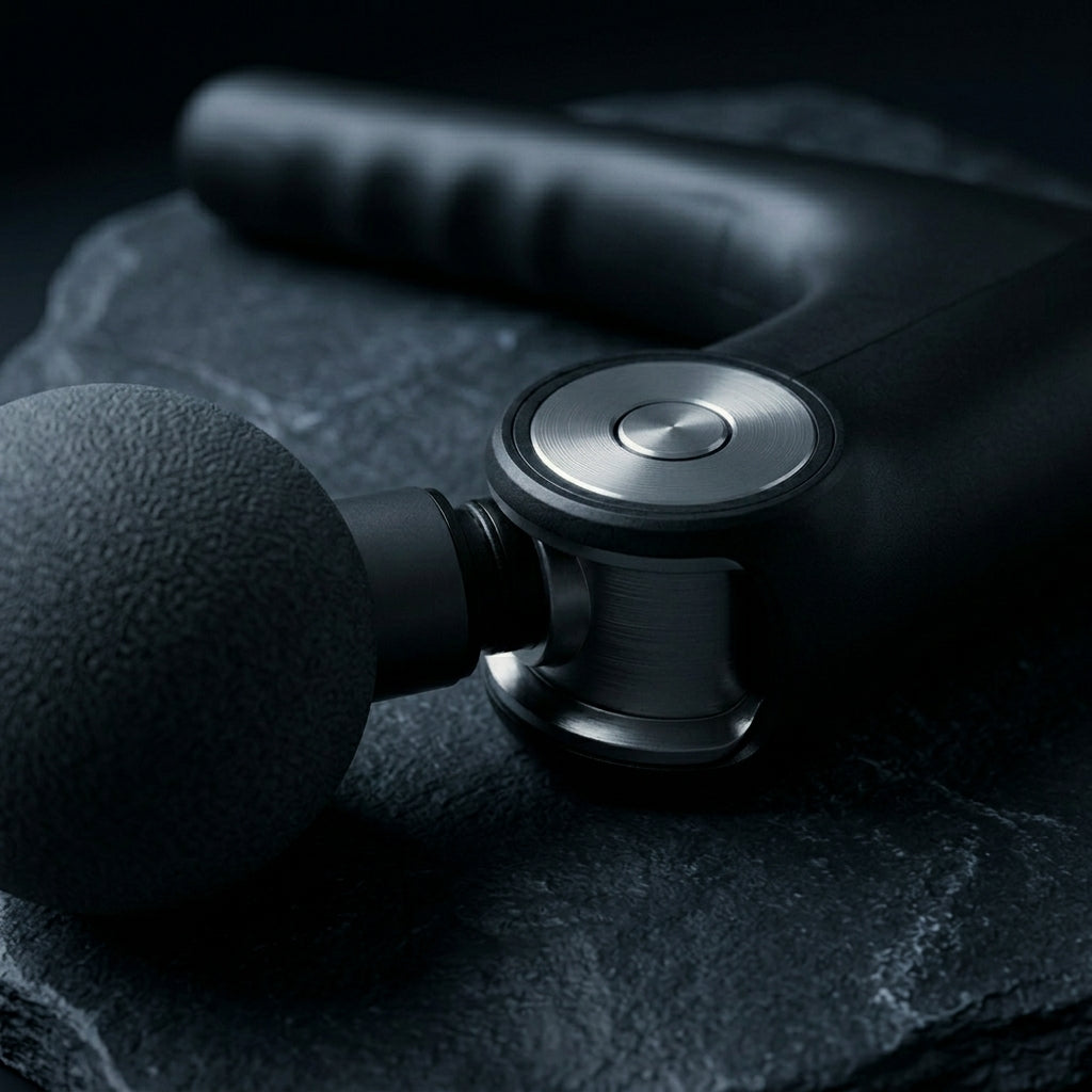 PulseZen Pro percussion massage gun on dark charcoal surface with dramatic side lighting