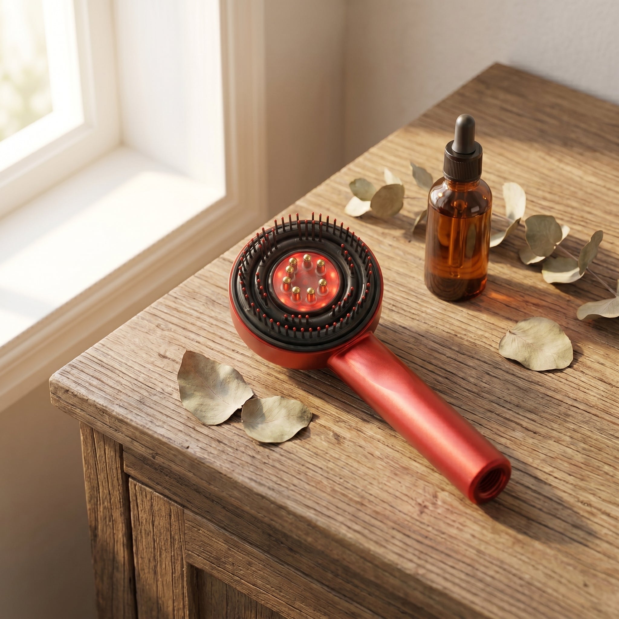 RelaxZen scalp comb on wooden vanity beside amber serum bottle