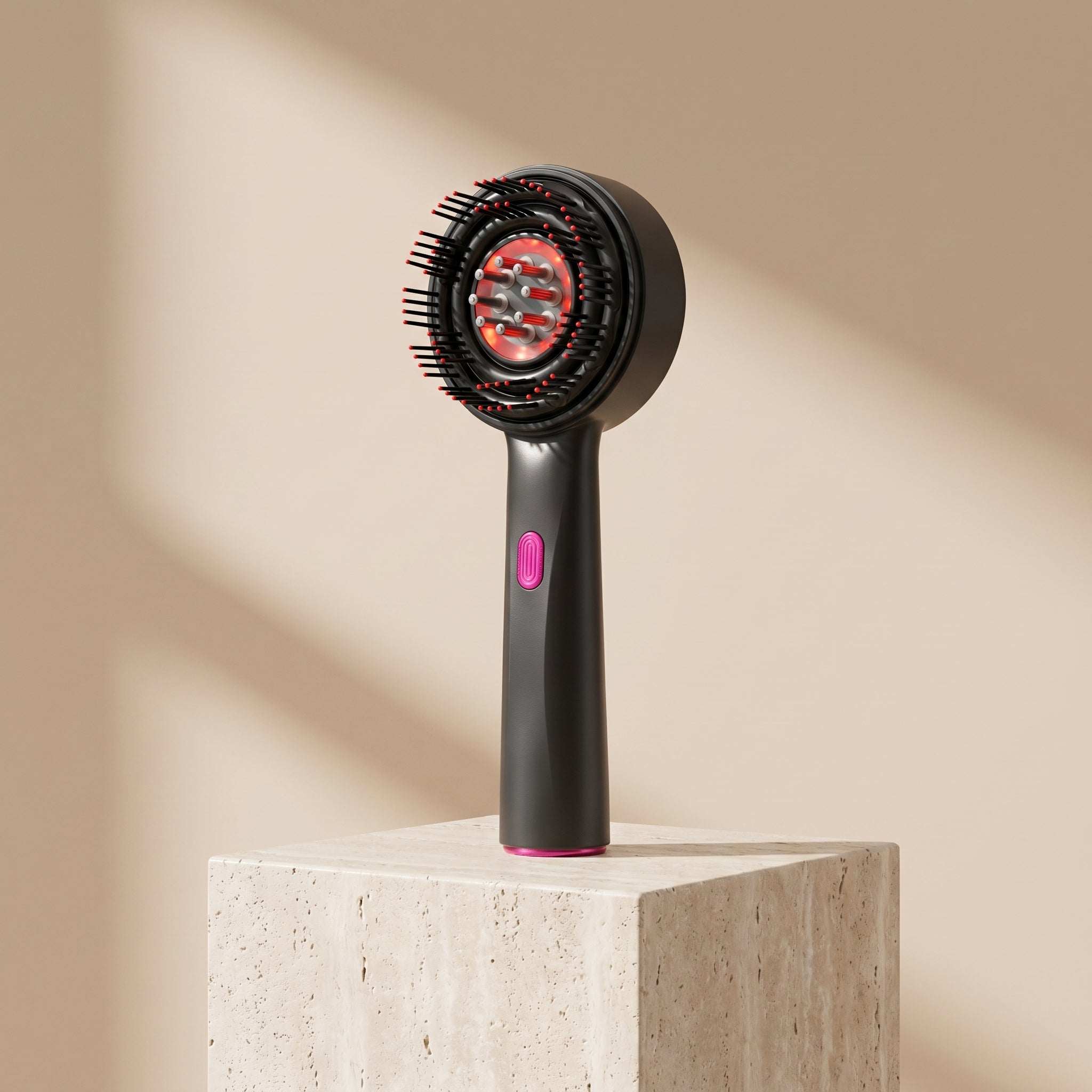 RelaxZen scalp comb black version on travertine pedestal beige backdrop